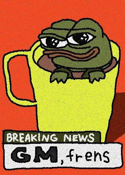 Meme-style graphic of the 'Pepe the Frog' character inside a yellow mug against an orange background, with a 'BREAKING NEWS' banner reading 'GM, frens'.