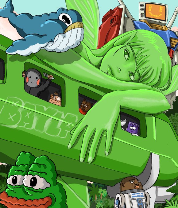 A vibrant anime-style illustration featuring a green-haired girl, a blue whale character, and various whimsical creatures on a green vehicle.