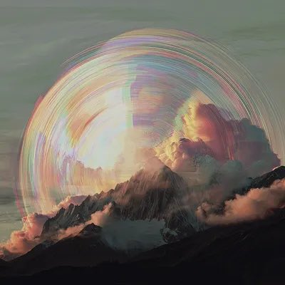 An abstract artwork of mountains partially obscured by clouds, featuring a rainbow-colored circular light effect overlaying the scene.