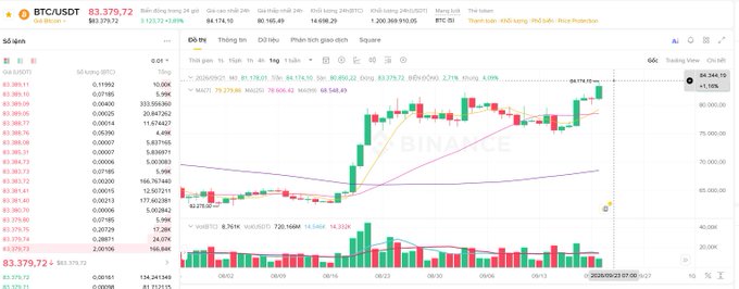 A financial trading interface displays BTC/USDT cryptocurrency charts with candlestick patterns, showing a current price of 83,379.72 with various trading metrics and time intervals.