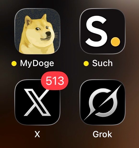 A phone-home-screen style graphic shows app icons labeled “MyDoge,” “Such,” “X,” and “Grok,” with a red notification badge reading “513” on the X icon.