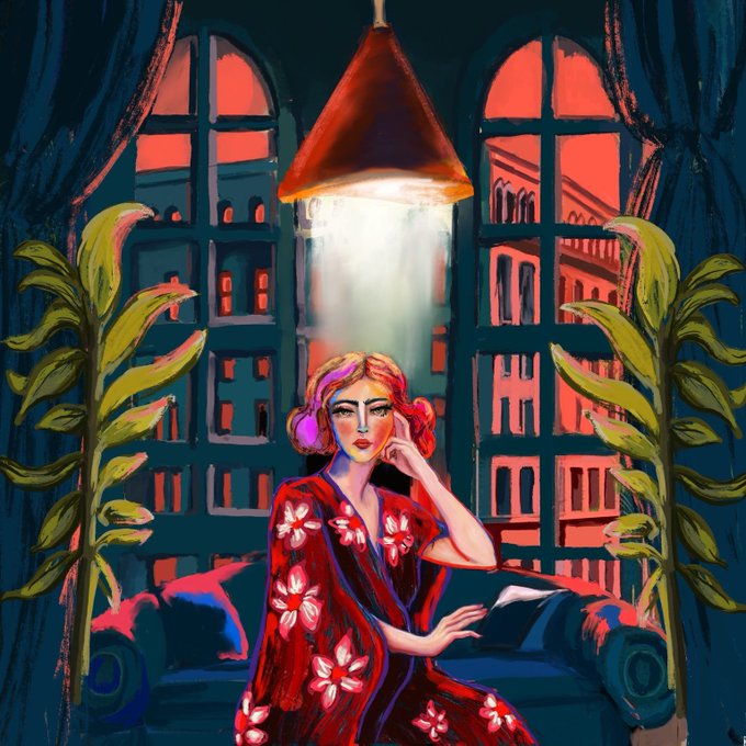 A painted illustration shows a woman in a red floral dress sitting by a window under a glowing red lamp, with a city skyline bathed in red light visible behind her.