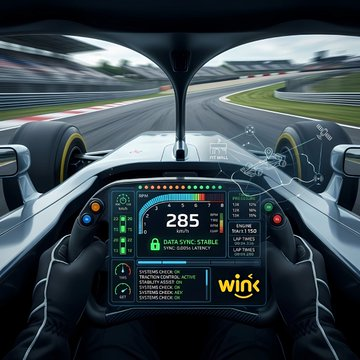 A first-person view from inside a race car cockpit shows a digital dashboard displaying a speed of "285" and a "DATA SYNC STABLE" indicator, with the word "win" visible on the screen. The high-tech, automated interface metaphorically represents WINkLink's "Automation Service," a decentralized, self-executing network on the TRON blockchain designed to eliminate human error and operate reliably at high speed.