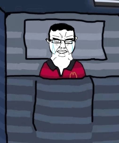 A "Soyjak" meme depicts a tearful, glasses-wearing man in bed, wearing a red McDonald's uniform shirt with the iconic golden "M" logo, tucked under a blanket. The image illustrates the post's contrast between those who missed out on the $rasmr_eth gains and the "McDonald's worker" forced to keep laboring — symbolized by the uniform's McDonald's branding tied to the meme phrase "putting the fries in the bag."