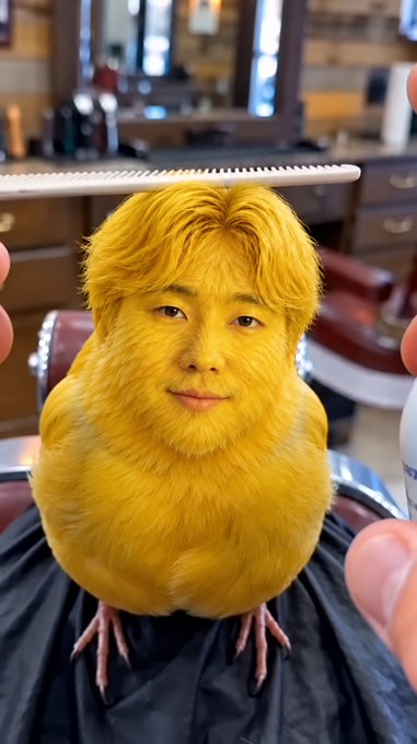 A fluffy yellow chick with a human face sits in a barber's chair under a comb, humorously brought to life by the post "$Canary is Injective." The image visually plays on the stock ticker "Canary" by depicting a literal canary—styled like a haircut waiting to happen—linking the bird to its crypto ticker symbol.