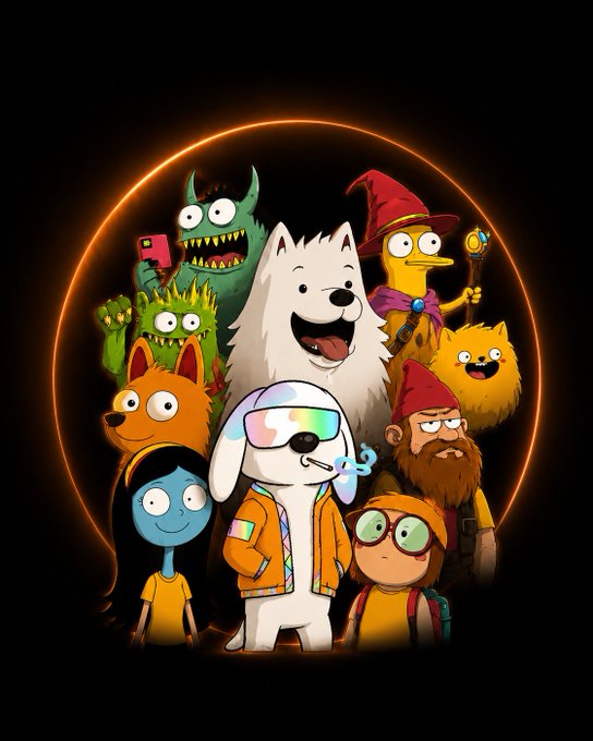 A vibrant illustration of cartoon characters, including a white dog in rainbow sunglasses at the center, surrounded by various fantasy figures like a wizard, gnome, fox, and cat, all framed by a glowing orange circle against a black background. The image serves as a promotional graphic for the Quant AI NFT whitelist event, highlighting its whimsical cast of characters to attract early supporters and community members.