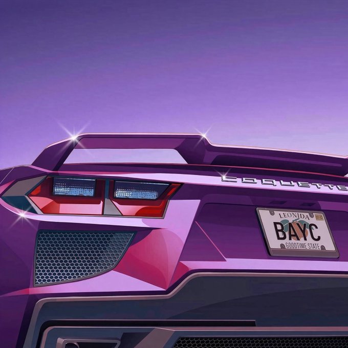 A digital illustration of a purple Coquette sports car's rear end with a license plate reading 'BAYC' from 'LEONIDA GoodTime State,' set against a pink and purple gradient sky.