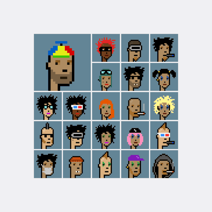 Pixel art grid displaying 20 small character portraits with various hairstyles, accessories, and features alongside one larger portrait wearing a colorful propeller beanie.