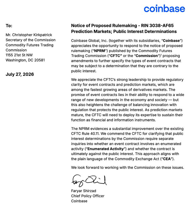A Coinbase letter dated July 27, 2026, addressed to Mr. Christopher Kirkpatrick, Secretary of the CFTC, regarding "Notice of Proposed Rulemaking - RIN 3038-AF65 Prediction Markets; Public Interest Determinations," signed by Chief Policy Officer Faryar Shirzad.