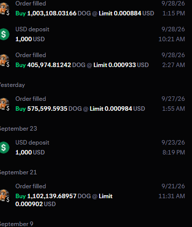 A screenshot of cryptocurrency trading history showing several DOGE order fills and USD deposits dated September 2026.