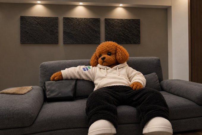 A teddy bear dressed in a white hoodie with a small logo and black pants lounges on a gray couch against a backdrop of dark textured wall panels, mirroring a relaxed weekend morning vibe. The cozy scene captures the laid-back "good morning meelonaires" energy with the bear casually propped up as if enjoying a slow start to the day.