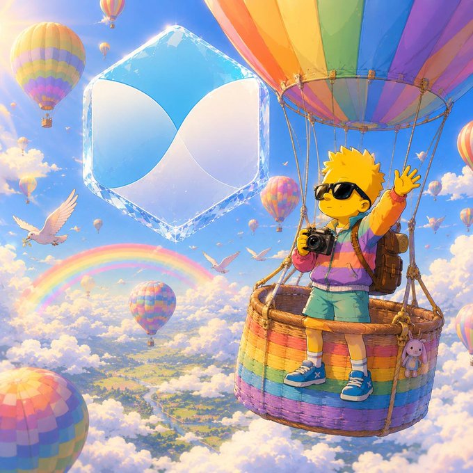 A colorful, vibrant digital artwork showing a cartoon boy with sunglasses in a hot air balloon basket, floating in a sky filled with rainbows, doves, and a large blue and white infinity symbol.