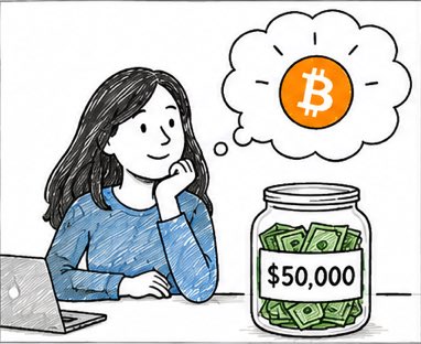 A young woman with long dark hair, wearing a blue sweater, sits beside a laptop and a jar labeled "$50,000" filled with cash, daydreaming about a Bitcoin coin—illustrating Sarah's $50K savings and her aspiration to acquire more BTC at its $80,000 price point.