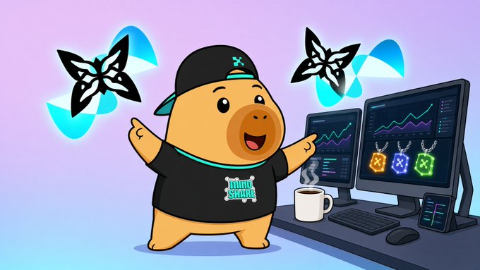 Cartoon illustration of a cap-wearing bear character with arms raised, wearing a 'Meme Squad' shirt, standing next to computer monitors displaying crypto charts and NFT icons, with shuriken symbols floating in the background.