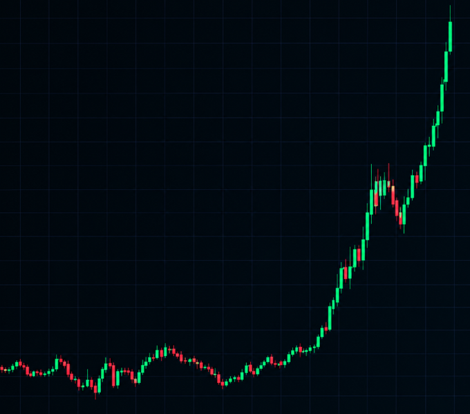 A candlestick chart on a dark background shows a strong upward price trend, with a long consolidation period on the left followed by a sharp rally to new highs on the right.