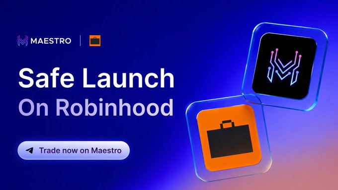 A promotional banner for Maestro's "Safe Launch" on Robinhood features the Maestro logo alongside a briefcase icon, with a call-to-action button reading "Trade now on Maestro." The image visually reinforces the post's message about expanding distribution channels by highlighting Robinhood as one of the key platforms integrated with Maestro's Safe Launch product.