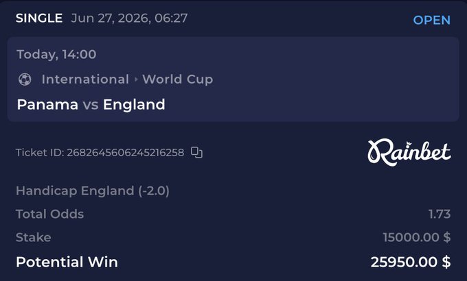 A Rainbet betting slip shows a $15,000 wager on England with a -2.0 handicap against Panama in a World Cup match, offering a potential win of $25,950 at 1.73 odds. The slip relates to the post's "it's coming home" reference, as the bettor likely won on England's victory in that match.