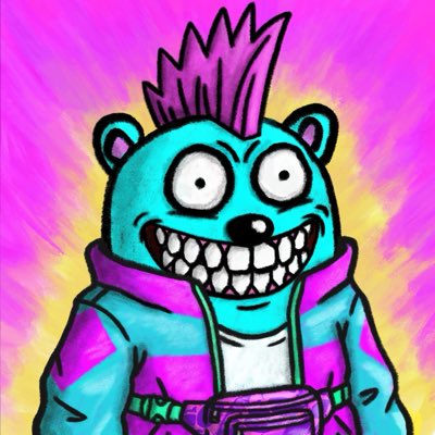 A colorful cartoon drawing of a cyan bear-like character with a pink mohawk, wide toothy grin, and pink jacket against a vibrant pink and yellow background.