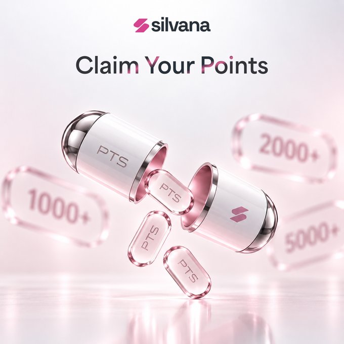 Silvana's "Claim Your Points" promotional image showcases glossy pink capsules labeled "PTS" alongside floating glass tokens displaying "1000+," "2000+," and "5000+" point values, visually representing the newly launched points claiming feature in the Earn Hub. The 3D-rendered scene reinforces the post's message about converting accumulated points (minimum 1,000) into USD Stablecoin for eligible Early Bird participants.