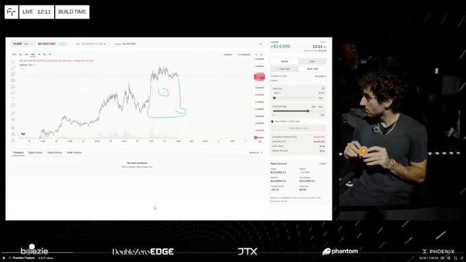 A split-screen showing a live trading chart for PLTR (Palantir) stock with a price of $141.990 alongside a man in a dark shirt gesturing during what appears to be a streamed event with sponsor logos like boozle, BankZeroEDGE, JTX, phantom, and PHOENIX.