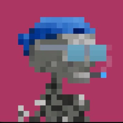 Pixel art of a grey, robotic or zombie-like figure with glowing blue hair and a blue visor, set against a dark pink background.