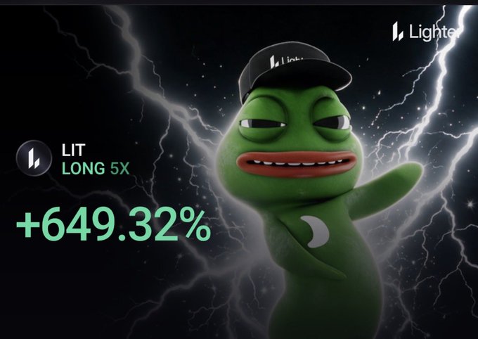 A promotional graphic showing a Pepe the Frog character wearing a cap with a 'Lighter' logo, advertising 'LIT LONG 5X' with a return of '+649.32%'.