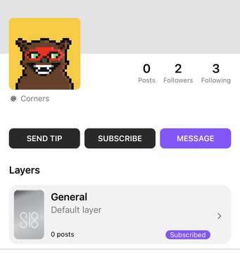 A profile page screenshot for user 'Corners' with 0 posts, 2 followers, and 3 following, showing a pixel-art bear avatar with red glasses.