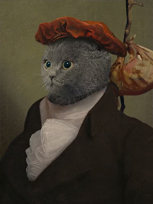 A Renaissance-style portrait painting featuring a gray cat's face on a human body wearing a red velvet beret, white cravat, and dark coat.