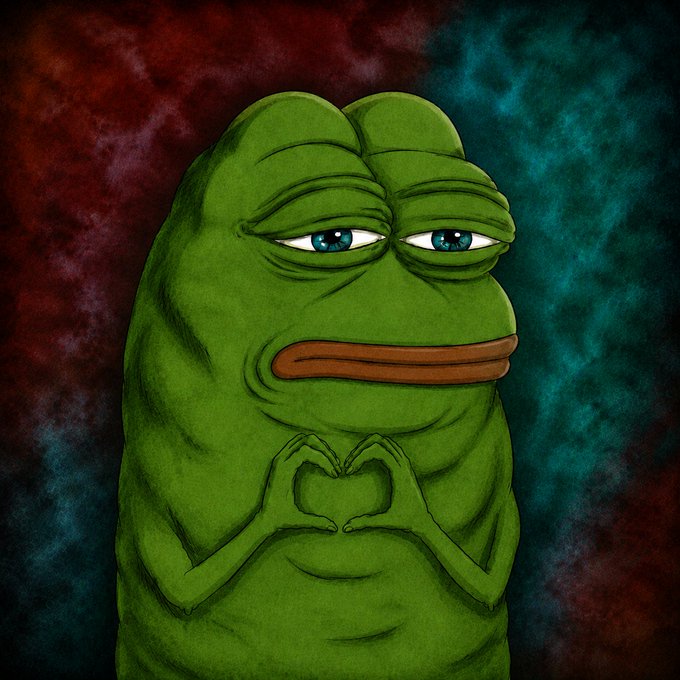An illustration of the Pepe the Frog meme character making a heart shape with his hands against a smoky red and teal background.