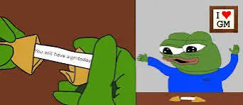 A green Pepe the Frog character holds a scroll reading "You will have a gm today" while another Pepe smiles in front of an "I ❤️ GM" sign, visually matching the post's "Gm friends" greeting.