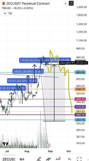 The image displays a ZECUSDT Perpetual Contract chart on TradingView, showing the price at 793.62, down 16.33 (-2.02%), with multiple Fibonacci retracement levels marked including key support at 538.70 and the critical level of 689.06 highlighted near the recent peak, reinforcing the bearish short bias referenced in the caption that ZEC will be "shorted to the ground" if the 666 level is breached.