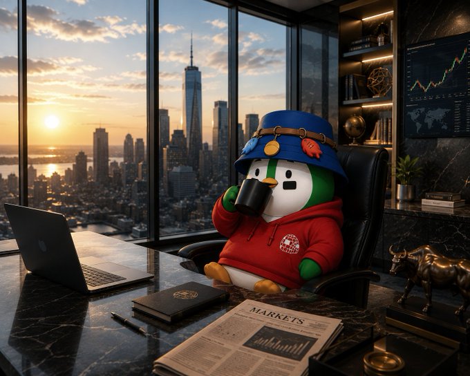 A cartoon penguin mascot in a red hoodie and blue bucket hat sips coffee from a black mug at a luxurious corner office overlooking the NYC skyline at sunset, with a "MARKETS" newspaper and stock chart screen visible—perfectly matching the "gm internet people, what are we buying?" vibe of a casual morning market check-in from the financial elite.