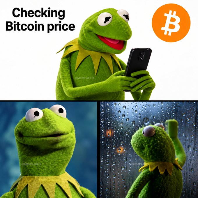 A Kermit the Frog meme showing him checking the price and then becoming distressed at what he sees, with a Bitcoin logo.