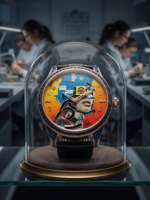 A close-up of an ornate watch under a glass dome in what appears to be a watchmaker's workshop, with a colorful face featuring a sculpted figure and blue gemstones on the bezel.