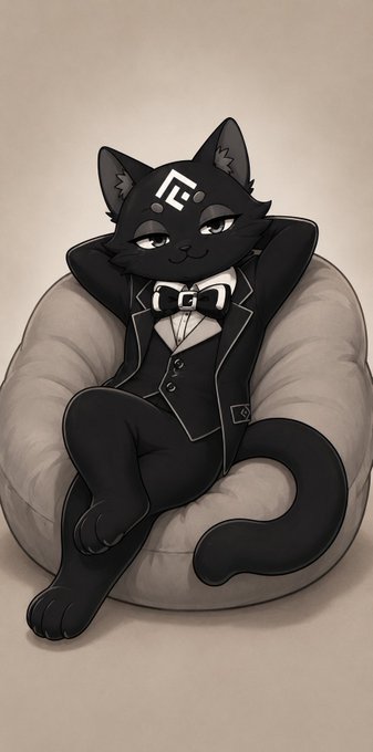 An anime-style illustration features a black cat wearing a formal tuxedo with a bow tie, sitting relaxed with arms behind its head in a plush beanbag chair.