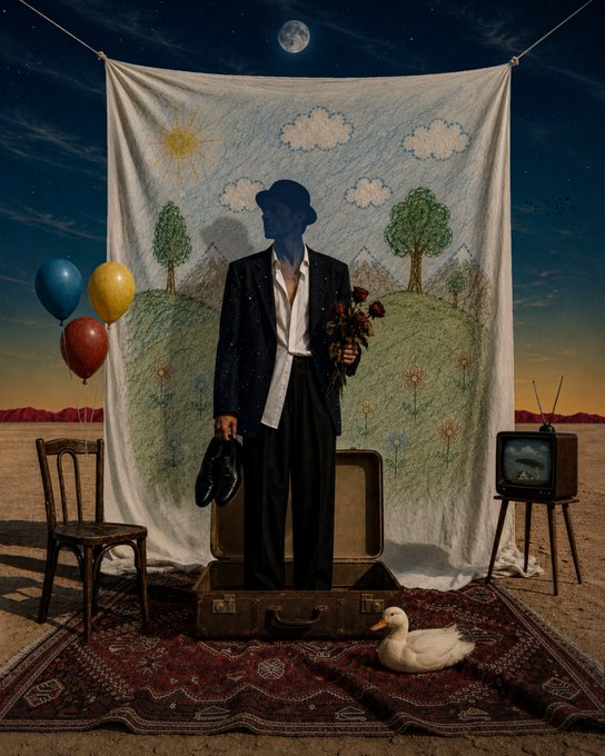 A surreal scene of a faceless man in a black suit, white shirt, and hat holding a bouquet and hat, standing in an open suitcase in a desert with a painted cloth backdrop, balloons, a chair, a vintage TV, and a white duck on an ornate rug under a full moon.