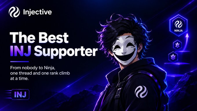 A promotional graphic for Injective cryptocurrency featuring an anime-style character in a mask and hoodie, with text reading 'The Best INJ Supporter - From nobody to Ninja, one thread and one rank climb at a time.'