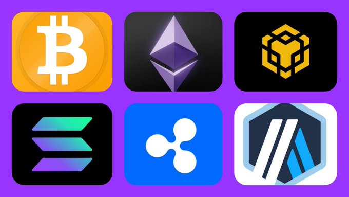 The image shows six different logos of various cryptocurrencies, including Bitcoin, Ripple, Solana, Litecoin, Ethereum, and Bitcoin Cash. The logos are arranged in a square format with each logo occupying its own space within the frame. The colors used for the logos vary, adding visual interest to the display. The post asks viewers which cryptocurrency they would choose to invest in, specifically asking about Bitcoin.