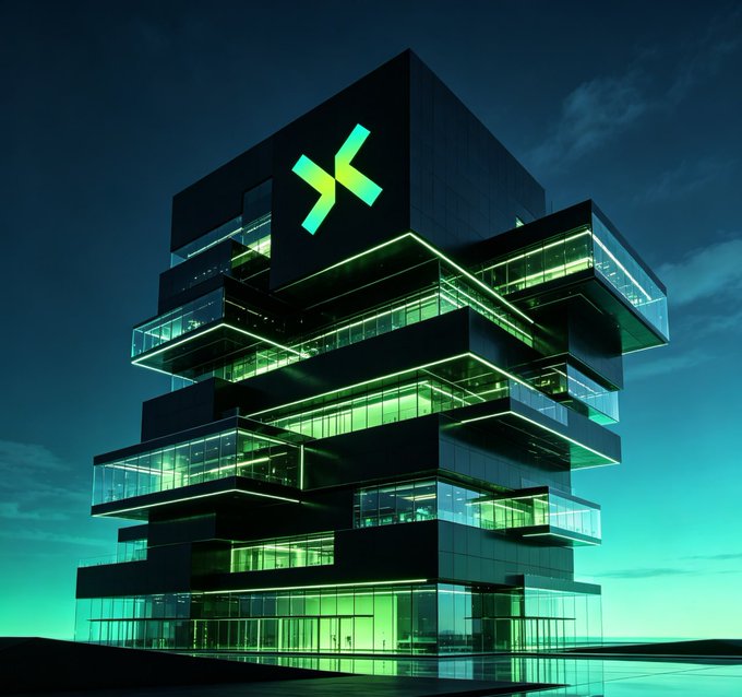 A futuristic, dark glass building illuminated with green neon lights and a glowing green geometric symbol on its top facade, set against a dark blue sky.