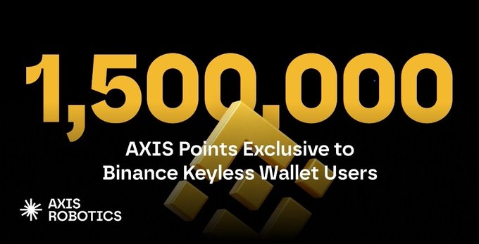 A black promotional banner displaying '1,500,000 AXIS Points Exclusive to Binance Keyless Wallet Users' with the Axis Robotics logo in the corner.