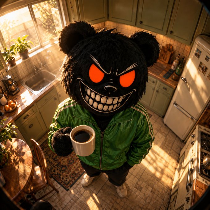 A person wearing a menacing black bear mask with glowing red eyes and a wide toothy grin, dressed in a green track jacket, stands in a sunlit kitchen holding a mug of coffee.