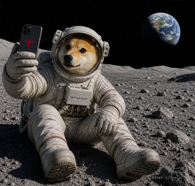 An AI-generated image of a Shiba Inu dog (Doge) wearing a SpaceX astronaut suit on the moon, taking a selfie with a Tesla-branded smartphone with Earth visible in the background.