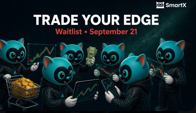 A promotional banner for SmartX reads 'TRADE YOUR EDGE' with 'Waitlist • September 21' in red text, featuring several teal cartoon characters examining crypto charts, holding cash, and pushing a cart filled with gold coins.