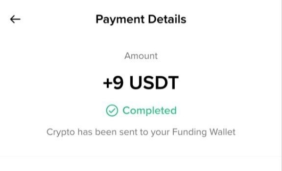 A mobile payment confirmation screen showing 'Payment Details' with an amount of '+9 USDT', marked as 'Completed', and a note that 'Crypto has been sent to your Funding Wallet'.