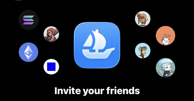 The image features the OpenSea logo—a white sailboat on a blue background—at the center, surrounded by various NFT profile icons, with the text "Invite your friends" displayed below. The post promotes available OpenSea mobile codes, highlighting the app's convenience for browsing collections and tracking price action compared to a crypto wallet's browser.