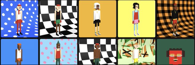 A grid of ten cartoon character illustrations in a stylized, blocky art style, each standing in front of a uniquely patterned background.
