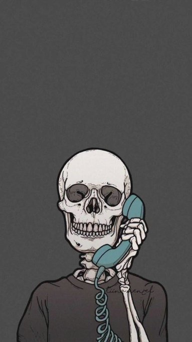 An illustration of a smiling skeleton wearing a black shirt, holding a blue vintage telephone receiver to its ear against a dark gray background.
