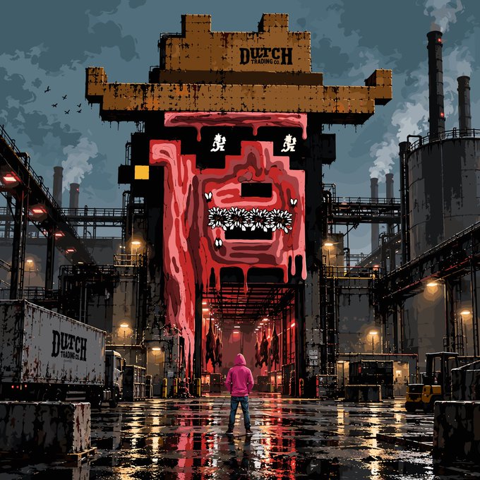 A stylized digital artwork showing a person in a pink hoodie standing before an industrial factory complex with red graffiti art, labeled 'DUTCH TRADING CO.'