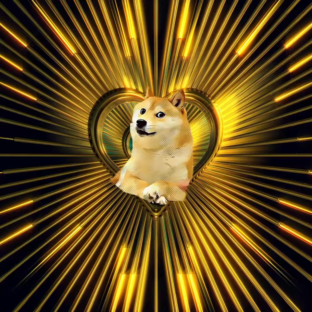 The image features a heart shape with a dog inside of it, surrounded by yellow lines that create a starburst effect. The background is black, which contrasts with the warm tones of the heart and yellow lines. The caption for the image reads "DOGE IS LOVE GIVEAWAY Follow @doge100percent w/ Repost & Like! Reply w/ a meme & tag $DOGE fam! 10X [1 entry/person • Multi-acct/spam=DQ • 18+] Day #506."