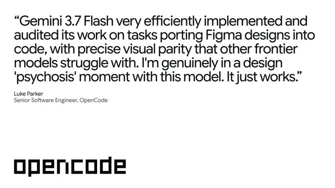 A testimonial quote from OpenCode's Luke Parker praising Gemini 3.7 Flash's ability to port Figma designs into code with precise visual parity, prominently featuring the OpenCode logo. The post highlights that Luke, the only Gemini fan on their team, received recognition in Gemini's announcement.